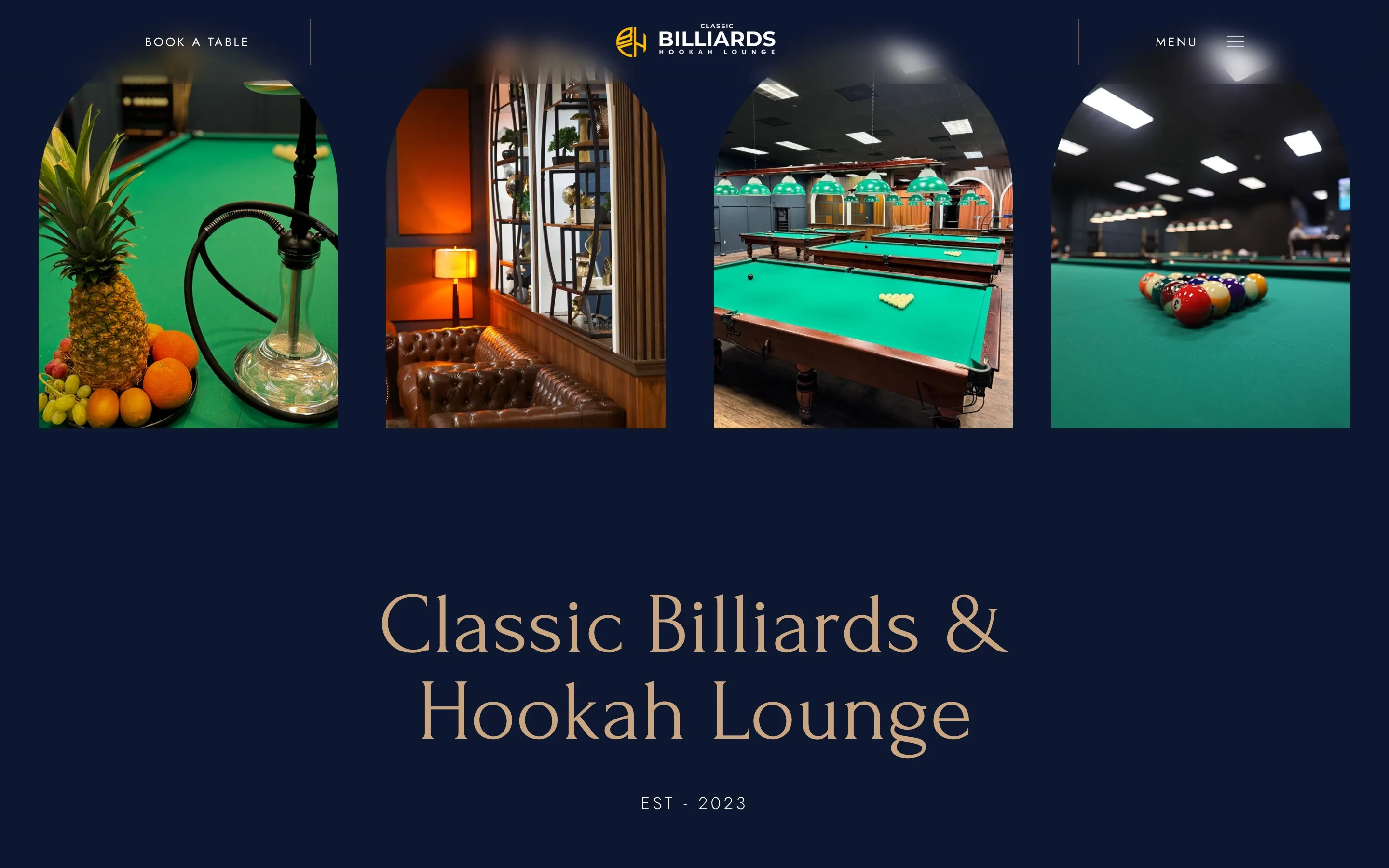 Главная Classic Billiards с арочными фотографиями бильярдных столов, кальяна и интерьера