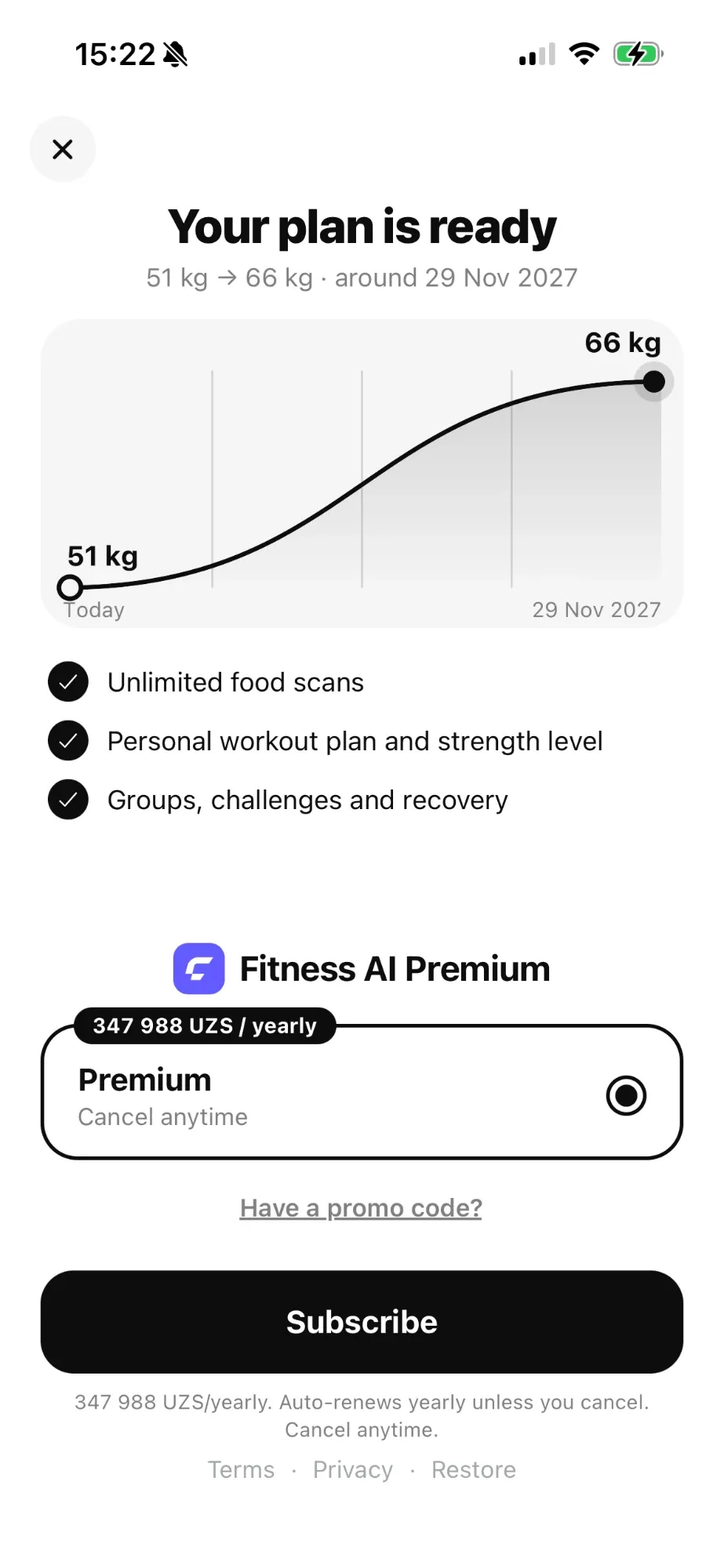 Экран плана Fitness AI с прогнозом веса и подпиской Premium